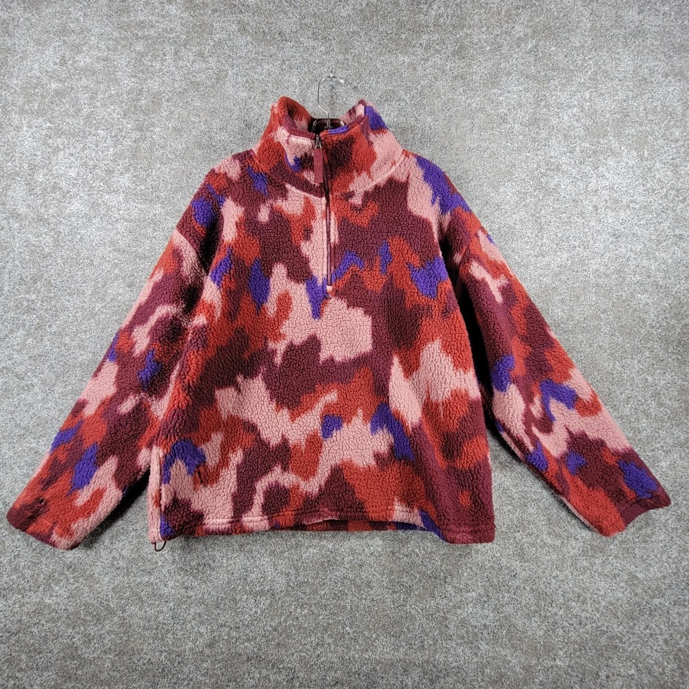 Eddie Bauer 1/4 Zip Pullover Sweater Womens M Red Purple Camo Sherpa Fleece